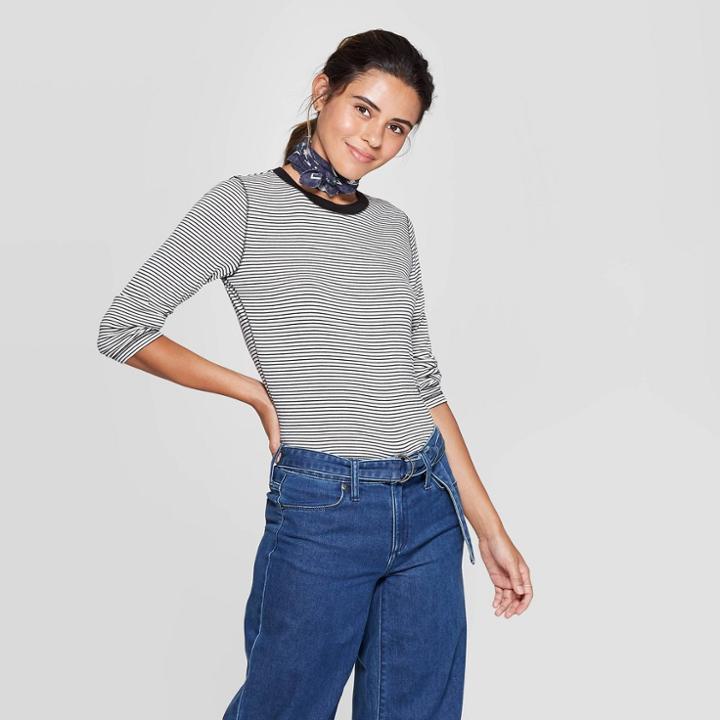 Women's Standard Fit Striped Long Sleeve Crewneck T-shirt - Universal Thread Black/white