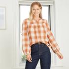 Women's Plaid Puff Long Sleeve Button-front Blouse - Universal Thread Brown
