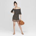 Women's Floral Print 3/4 Sleeve Off The Shoulder Smocked Knit Romper - Xhilaration Black