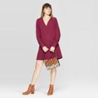 Women's Long Sleeve V-neck Woven Mini Dress - A New Day Burgundy S, Size: