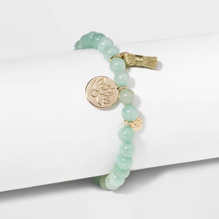 No Brand Semi-precious Beaded With Tassel, Lotus Charm, And Disc Stretch Bracelet - Green, Women's