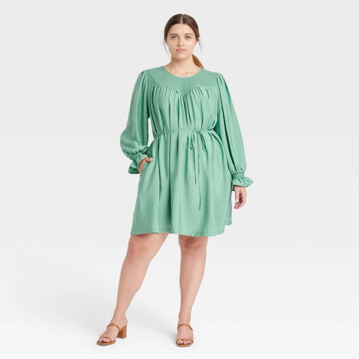 Women's Plus Size Long Sleeve Tent Dress - A New Day Green