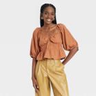 Women's Puff Elbow Sleeve Linen Shirt - A New Day Brown