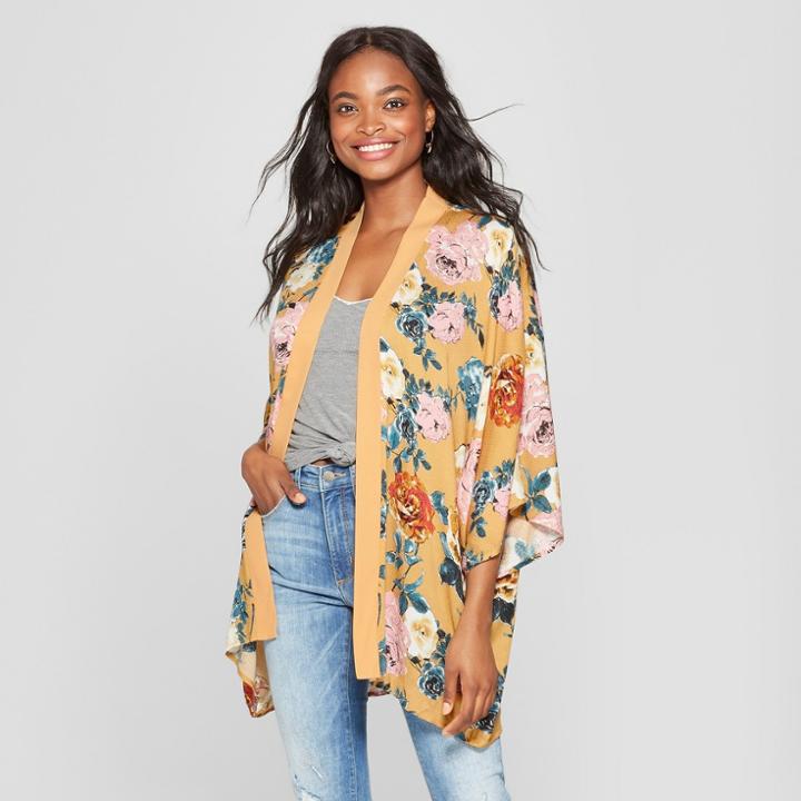 Women's Floral Robe Kimono - Xhilaration Gold