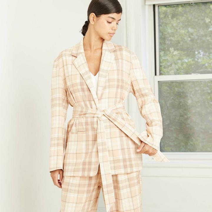 Women's Plaid Belted Menswear Blazer - Prologue