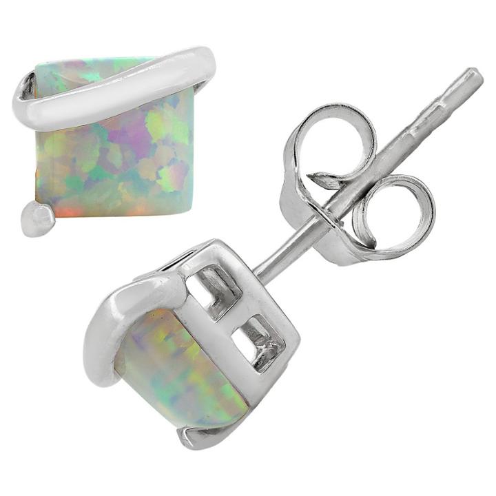 Tiara Princess-cut Opal Stud Earrings In Sterling Silver, Women's