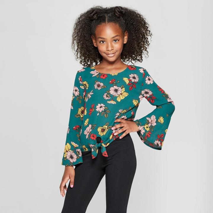 Girls' Woven Front Tie Long Bell Sleeve Top - Art Class Green