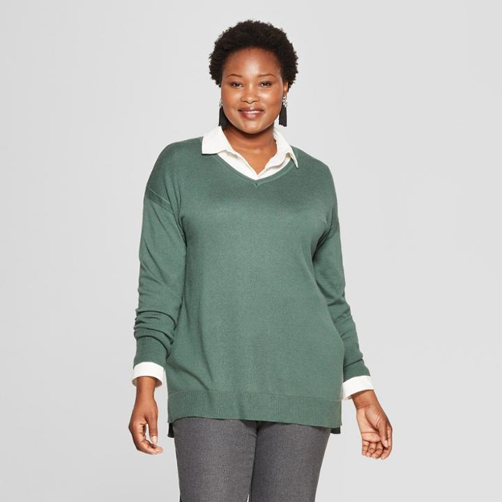 Women's Plus Size Long Sleeve Pullover - Ava & Viv Green