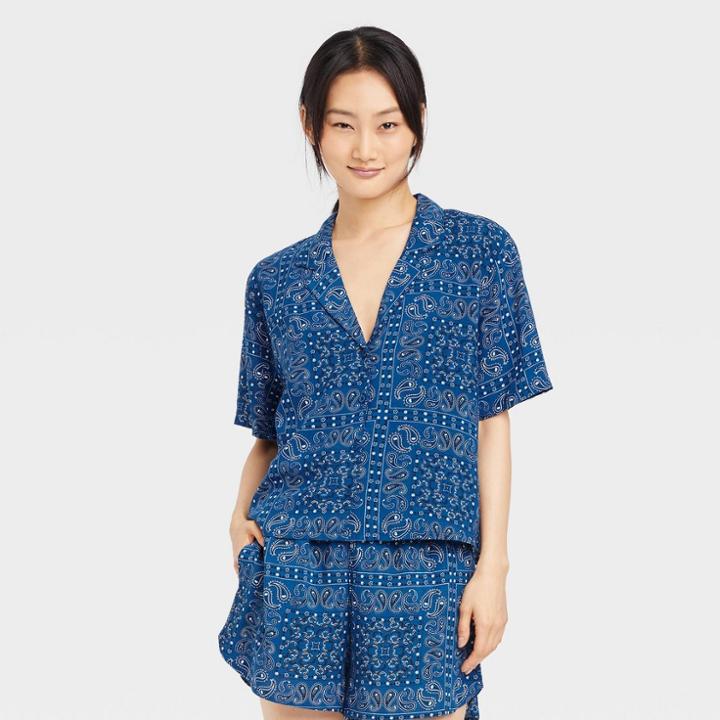Iml Women's Bandana Souvenir Short Sleeve Graphic Button-up Shirt - Indigo