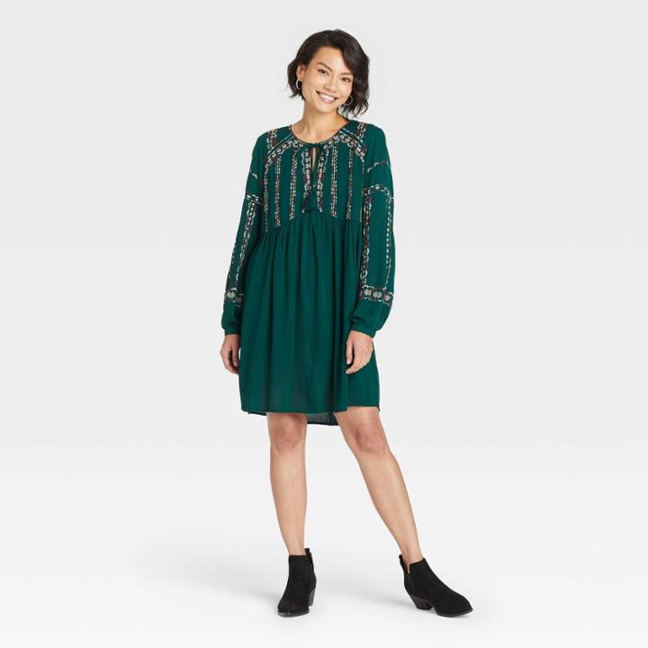 Women's Long Sleeve Embroidered Dress - Knox Rose Green