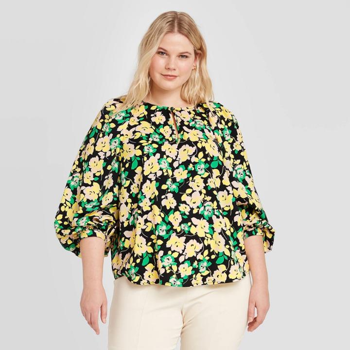 Women's Plus Size Floral Print Balloon Long Sleeve Blouse - Who What Wear Yellow 1x, Women's,
