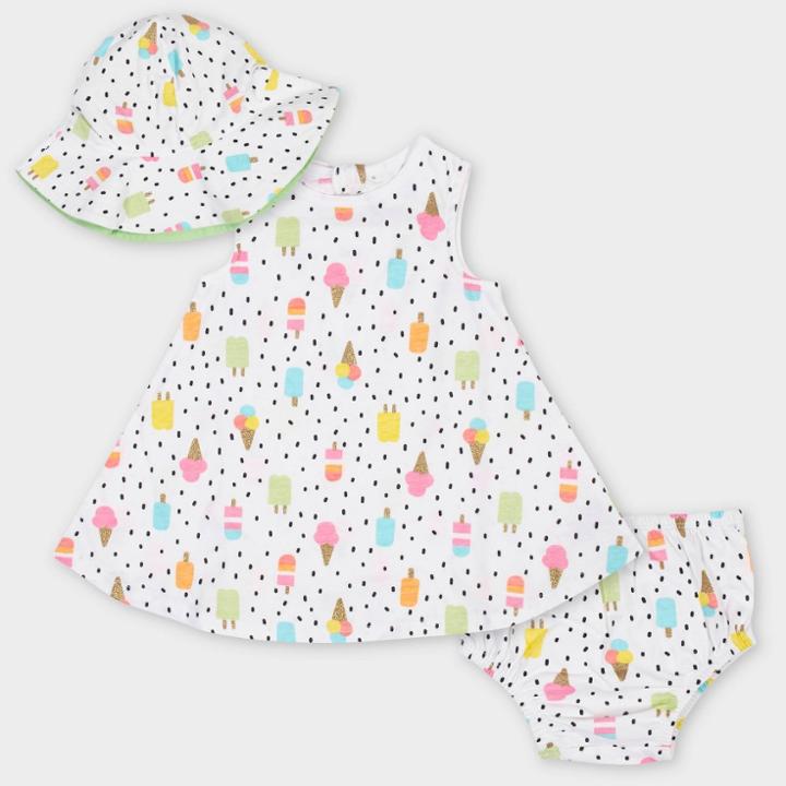 Gerber Baby Girls' 3pc Ice Cream Dress With Diaper Cover And Sun Hat - White
