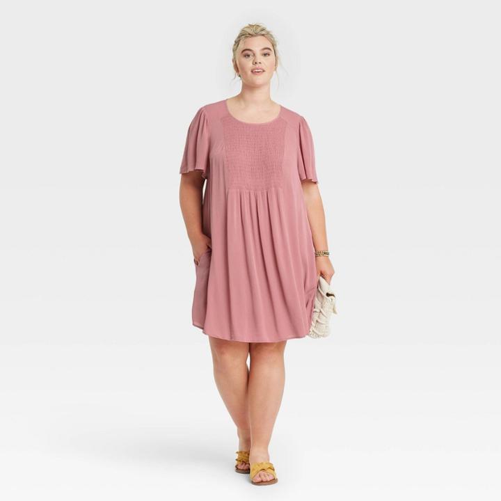 Women's Plus Size Short Sleeve Smocked Front Shift Dress - Knox Rose Pink