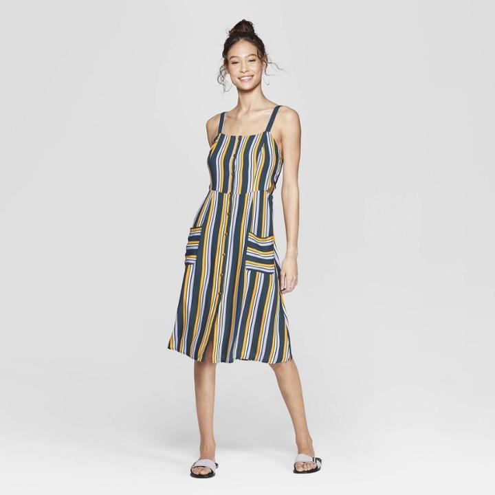 Women's Striped Strappy Button Front Midi Dress - Xhilaration Black