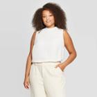 Women's Plus Size Sleeveless Mock Turtleneck Satin Blouse - A New Day Cream (ivory)