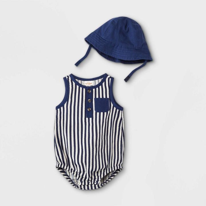 Baby Boys' Striped Gauze Romper With Hat - Cat & Jack Navy Newborn, Blue