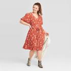 Women's Plus Size Floral Print Short Sleeve V-neck Button-front Tie Waist Dress - Universal Thread Red 1x, Women's, Size: