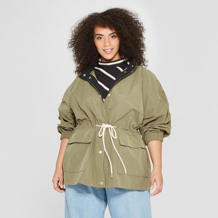 Women's Plus Size Duo Front Pocket Button Snap Detail Stand Collar Utility Anorak Jacket - Who What Wear Green