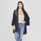 Women's Long Sleeve Open-front Kimono Jacket With Embroidery - Knox Rose Navy