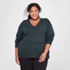 Women's Plus Size Long Sleeve V-neck Pullover Sweater - Ava & Viv Dark Green