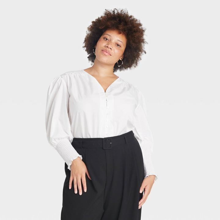 Women's Plus Size Long Sleeve Smocked Poplin Top - A New Day White
