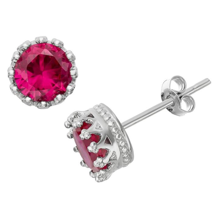 Tiara 6mm Round-cut Ruby Crown Earrings In Sterling Silver, Girl's, Ruby/silver