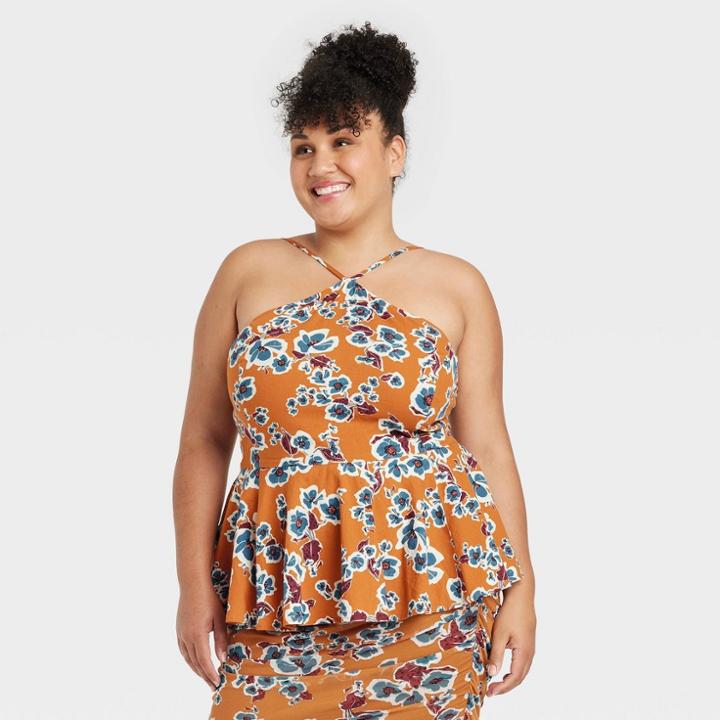 Women's Plus Size Strappy Babydoll Peplum Halter Top - Ava & Viv Copper Floral X, Brown Floral
