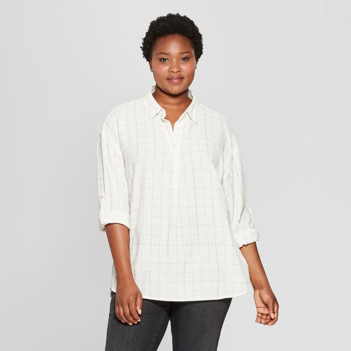 Women's Plus Size Plaid Long Sleeve Popover Flannel Button-down Shirt - Universal Thread White