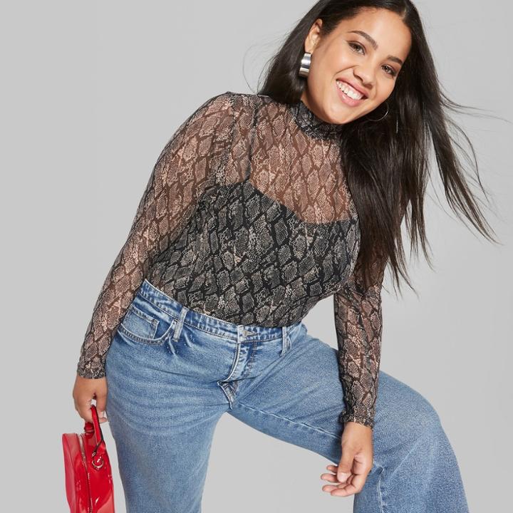 Women's Plus Size Long Sleeve Mesh Mockneck T-shirt - Wild Fable Black