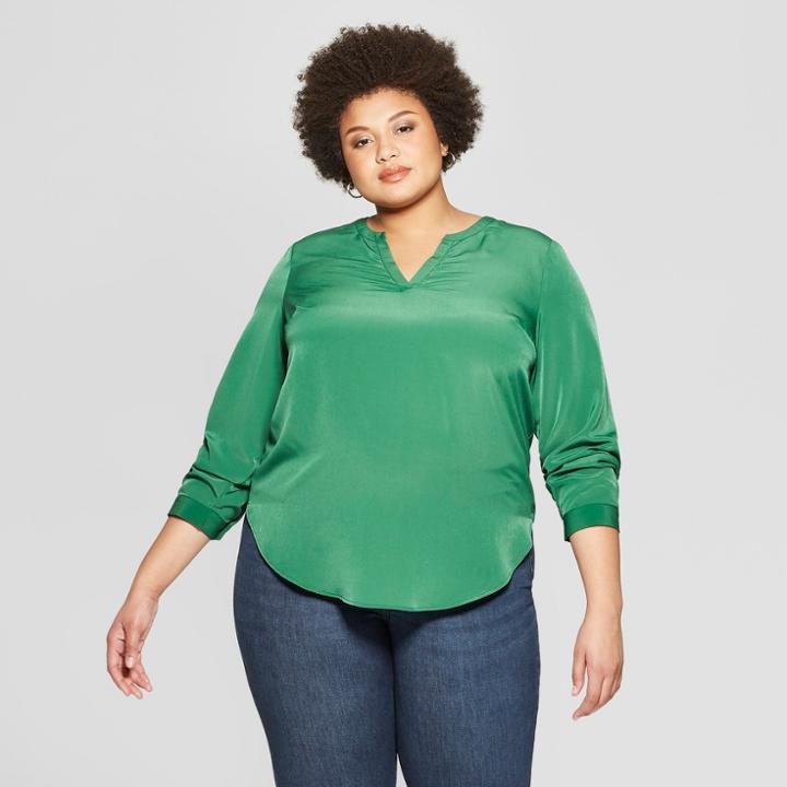 Women's Plus Size Long Sleeve Crew Neck Woven Popover - Ava & Viv Green