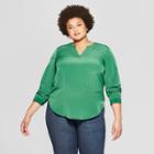 Women's Plus Size Long Sleeve Crew Neck Woven Popover - Ava & Viv Green