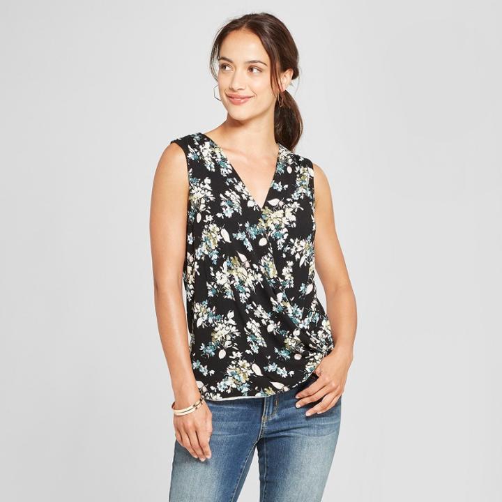 Women's Floral Print Sleeveless Surplice Top - Loramendi - Black