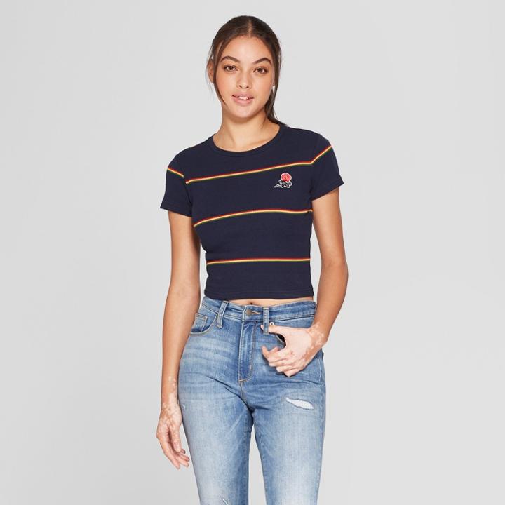 Women's Short Sleeve Rose Striped Graphic T-shirt - Mighty Fine (juniors') Navy