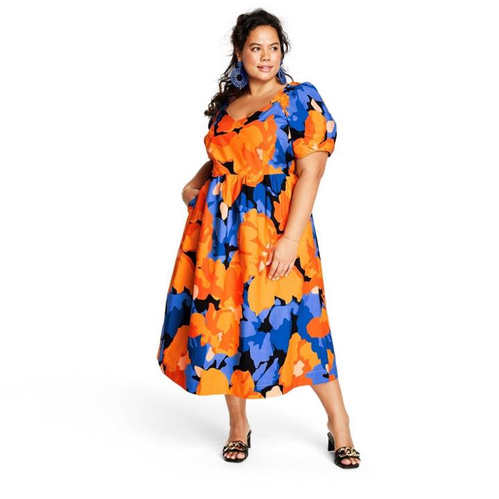 Women's Plus Size Floral Print Puff Sleeve Tie-back Midi Dress - Tabitha Brown For Target Orange/blue