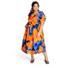 Women's Plus Size Floral Print Puff Sleeve Tie-back Midi Dress - Tabitha Brown For Target Orange/blue