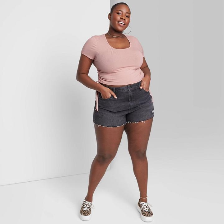 Women's Plus Size Short Sleeve Scoop Neck Side Cinched Baby T-shirt - Wild Fable Blush Pink