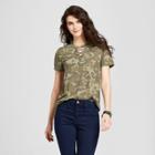 Women's Short Sleeve Camo Print Lace-up Neck T-shirt - Modern Lux (juniors') - Camo Green
