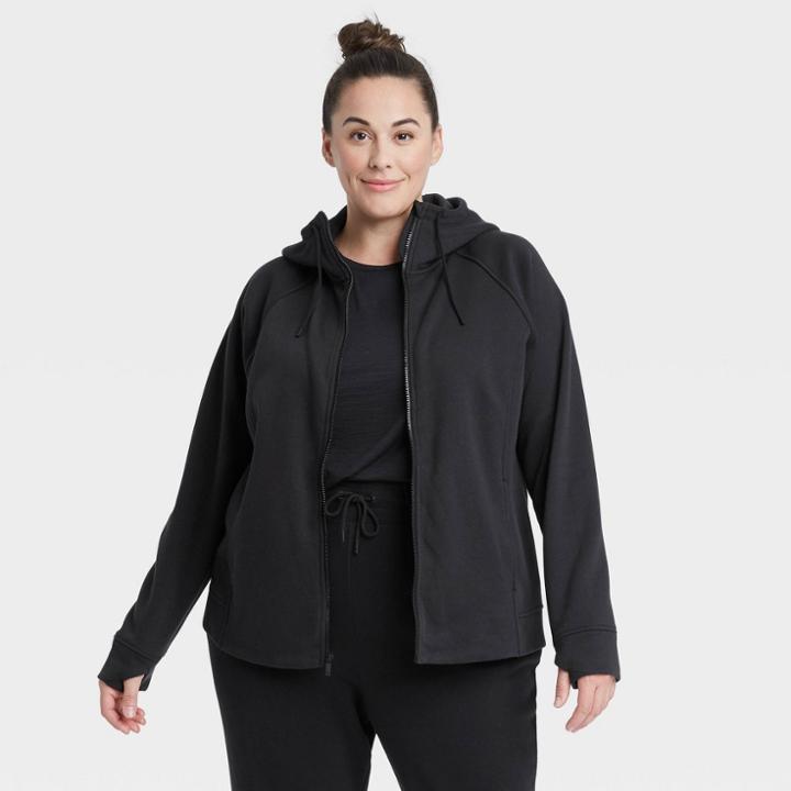 Women's Plus Size Fleece Full Zip Hooded Sweatshirt - All In Motion Black