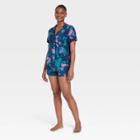 Women's Floral Print Beautifully Soft Short Sleeve Notch Collar Top And Shorts Pajama Set - Stars Above Blue