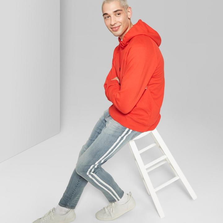 Men's Long Sleeve Raw Edge French Terry Hooded Pullover Sweatshirt - Original Use Anthem Red
