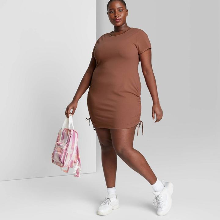 Women's Plus Size Short Sleeve Ruched Side Bodycon Dress - Wild Fable Brown