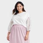 Women's Plus Size Long Sleeve Round Neck Eyelet Top - A New Day White