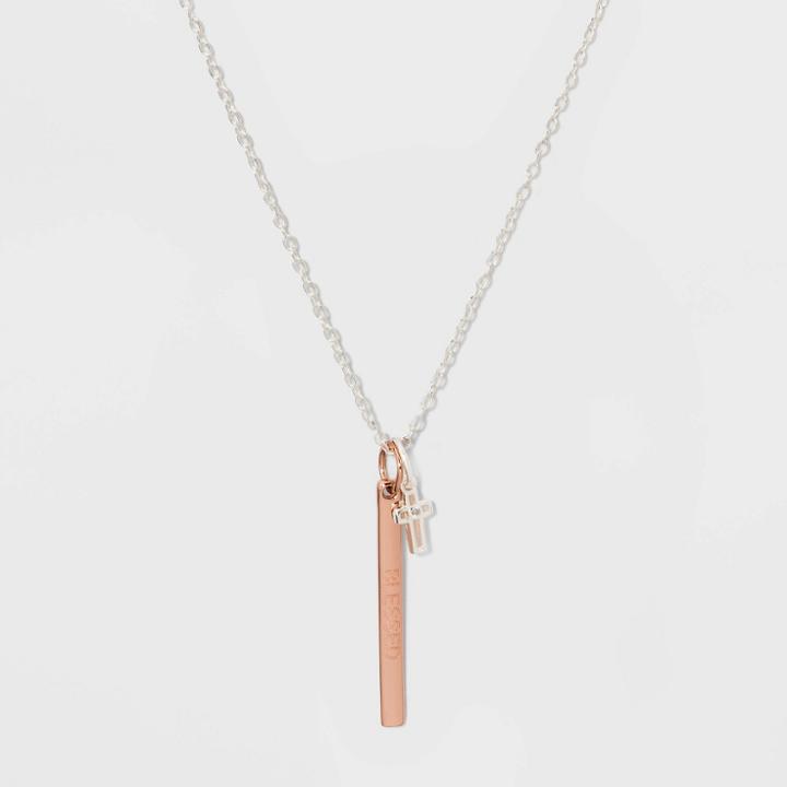 Distributed By Target Sterling Silver Blessed Bar And Cross Necklace - Rose Gold, Girl's