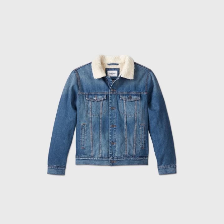Men's Sherpa Lined Denim Trucker Jacket - Goodfellow & Co Denim Blue