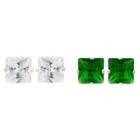Journee Collection 4 1/2 Ct. T.w. Square-cut Cz Prong Set Stud Earrings Set In Sterling Silver - Dark Green/white, Girl's