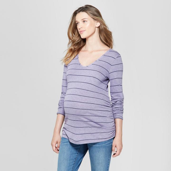 Maternity Striped Long Sleeve Shirred T-shirt - Isabel Maternity By Ingrid & Isabel Purple