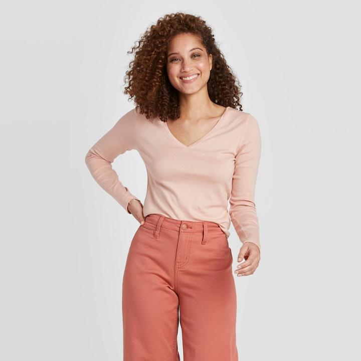 Women's Regular Fit Long Sleeve V-neck T-shirt - A New Day Light Pink