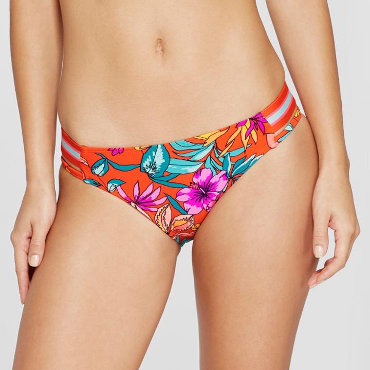Women's Sport Elastic Cheeky Bikini Bottom - Xhilaration Orange Tropical