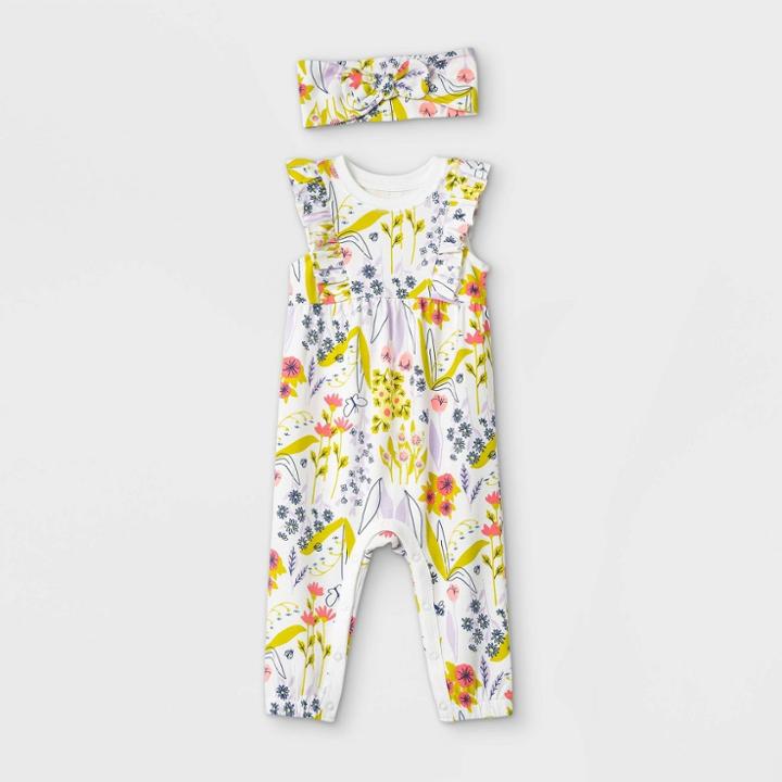 Baby Girls' Floral Romper With Headband - Cat & Jack Light Cream Newborn, Ivory