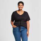 Women's Plus Size Lace-up Short Sleeve Top - Ava & Viv Black X